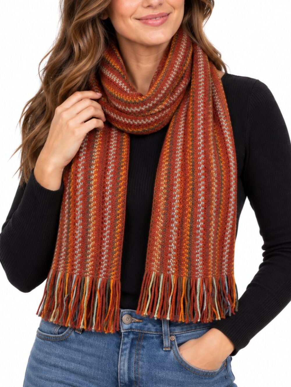 UNBRANDED German 100% Pure New Wool Fringe Knit Scarf Striped Cozy Fall Unisex